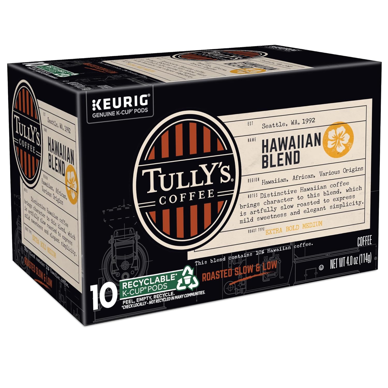 Tully's Coffee Hawaiian Blend K-Cup Pods - Medium Roast, 60 Count (6 Packs of 10)