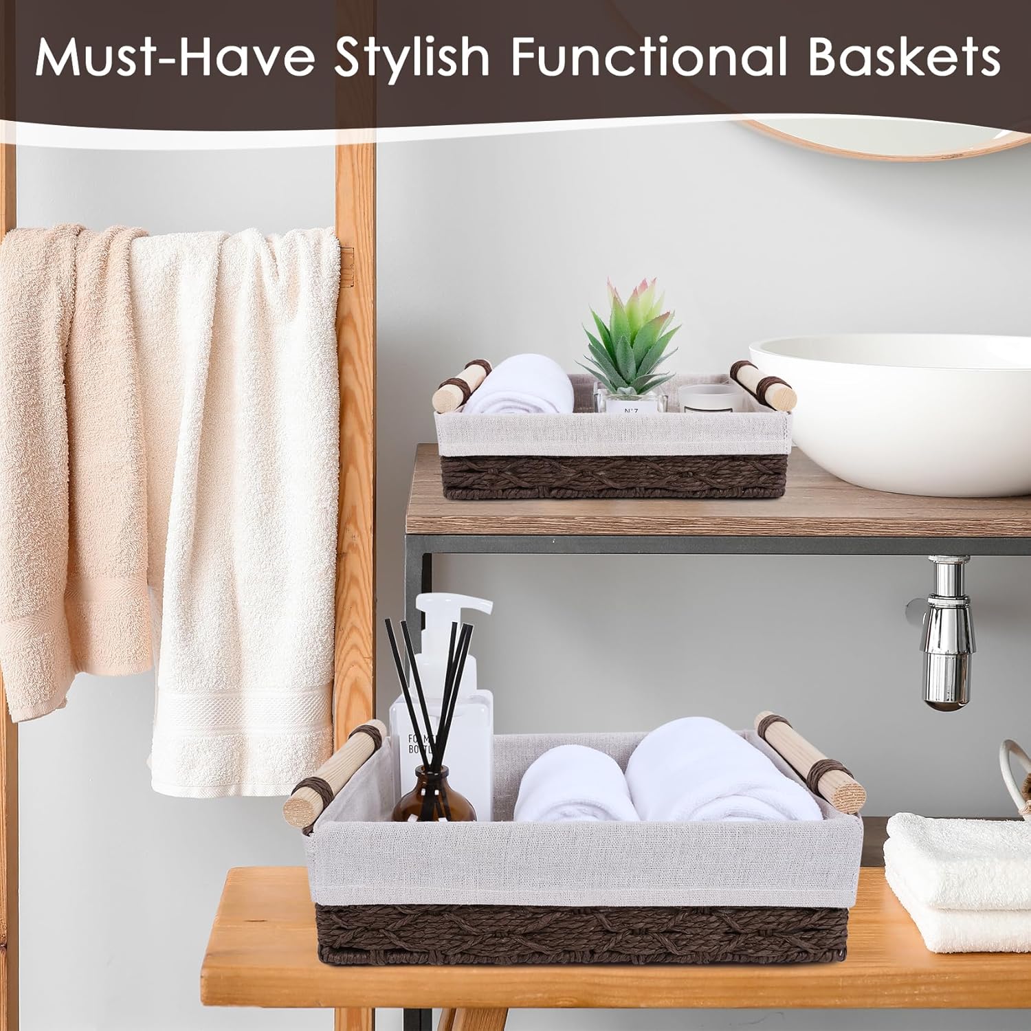 Wicker Storage Basket - Decorative Paper Rope Organizer with Wooden Handle | 2-Pack, Brown for Home & Office