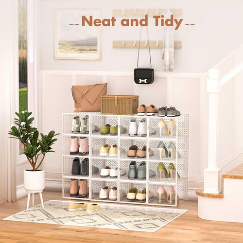 GONAT X-Large Shoe Storage Boxes, 12 Pack Shoe Organizers with Magnetic Door, Four Way Connection Shoe Containers, Clear Plastic Stackable Sneaker Bin for Closet, White,Christmas Gift