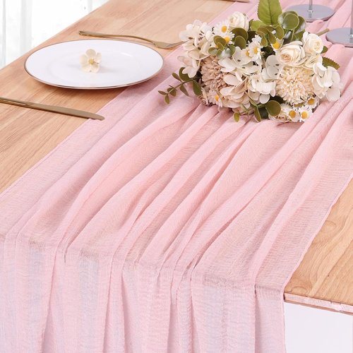 Blushing Pink Cheesecloth Table Runner - 10ft Gauze Runner for Weddings & Events | 32x120 Inches, Boho Rustic Decor