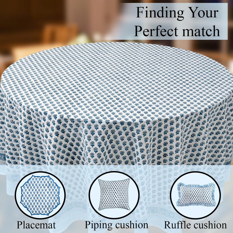 CPC Apatite Blue Block Print Cotton Handmade Round Tablecloth 60 Inch Decorative Table Cover for Home Decor, Dinning, Festive, Wedding, Farmhouse Gift for Spring, Mother's Day