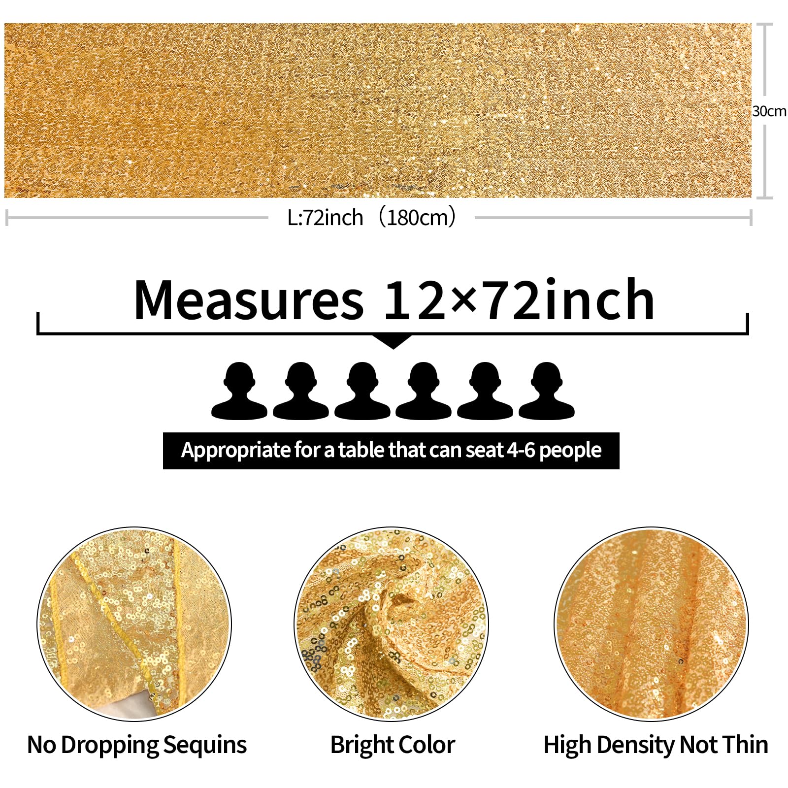 6 Pack 12 x 72 Inch Gold Sequin Table Runner, Sparkly Glitter Table Runners for Wedding, Birthday, Bachelorette, Baby Shower, Holiday Party Decorations Supplies