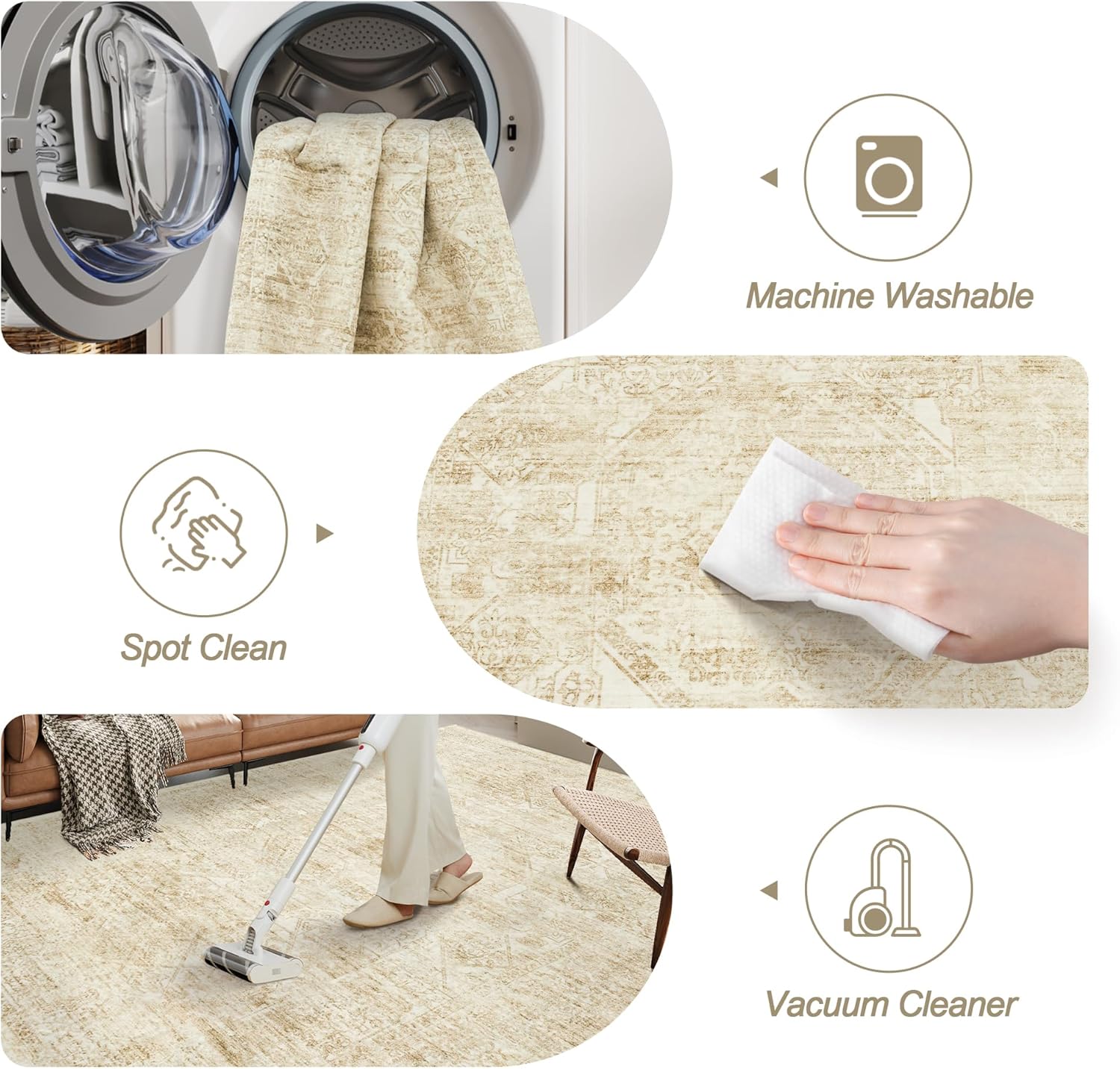 Soalmost Washable Area Rug - Large Vintage Beige 8x10 Soft Rug for Living Room & Bedroom | Non-Slip Design