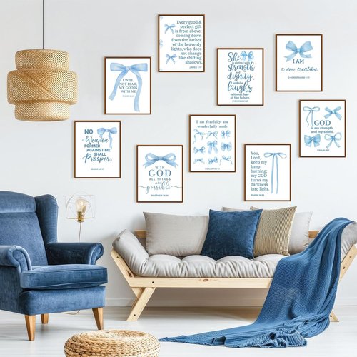 Chiisong 9 Pcs Blue Bow Wall Art Decor - Inspirational Christian Scripture Prints | 14 x 11'' Unframed Set for Living Room & Bedroom