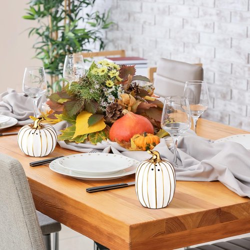 RimCereal 2 Pcs Fall Pumpkin Shaped Salt and Pepper Shakers 3 Inch Ceramic Salt and Pepper Shakers Set for Holiday Home Indoor Kitchen Decorations(White and Gold)