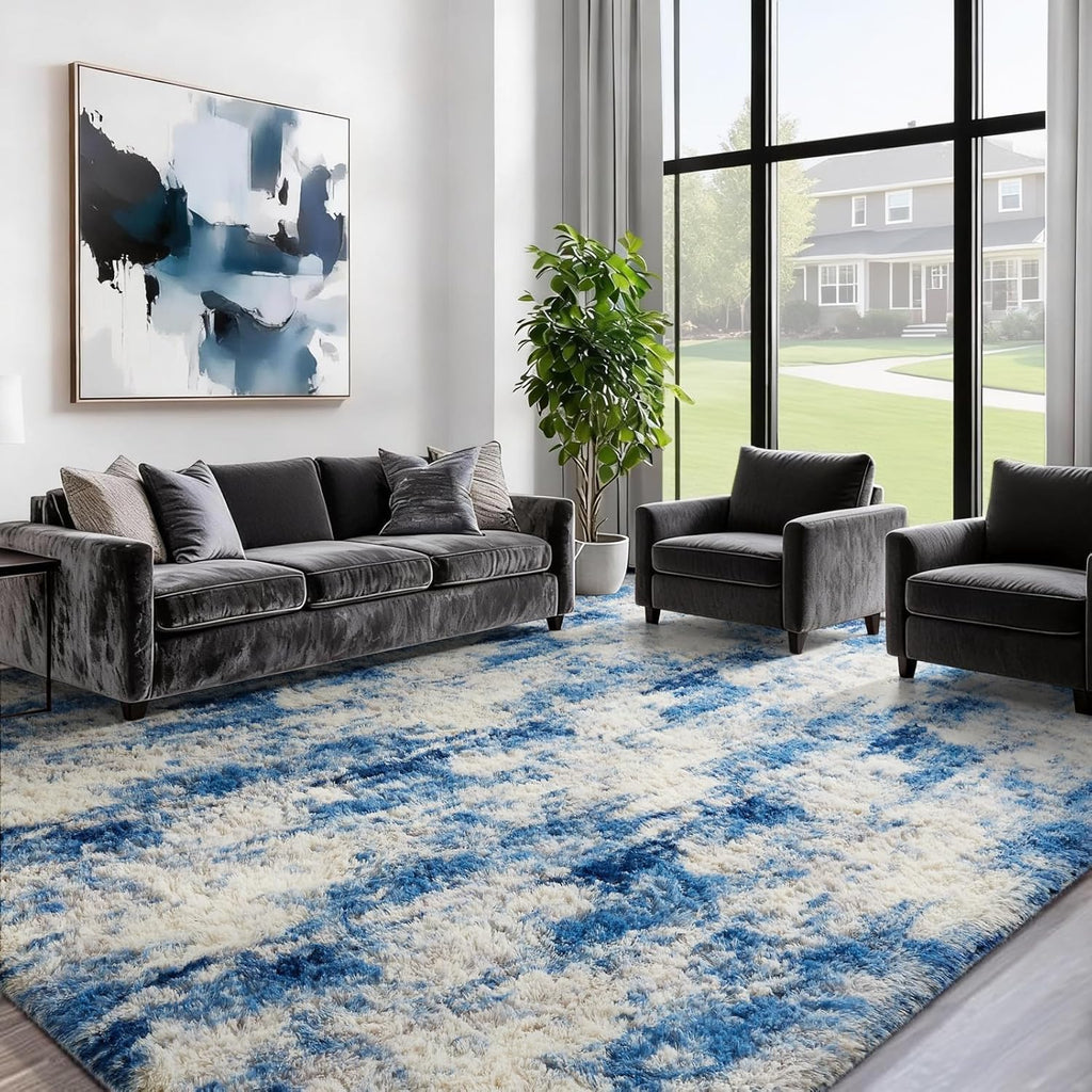 Ophanie Area Rug - Fluffy Blue, White & Grey Shag Carpet for Living Room | 6x9 Soft Plush Design