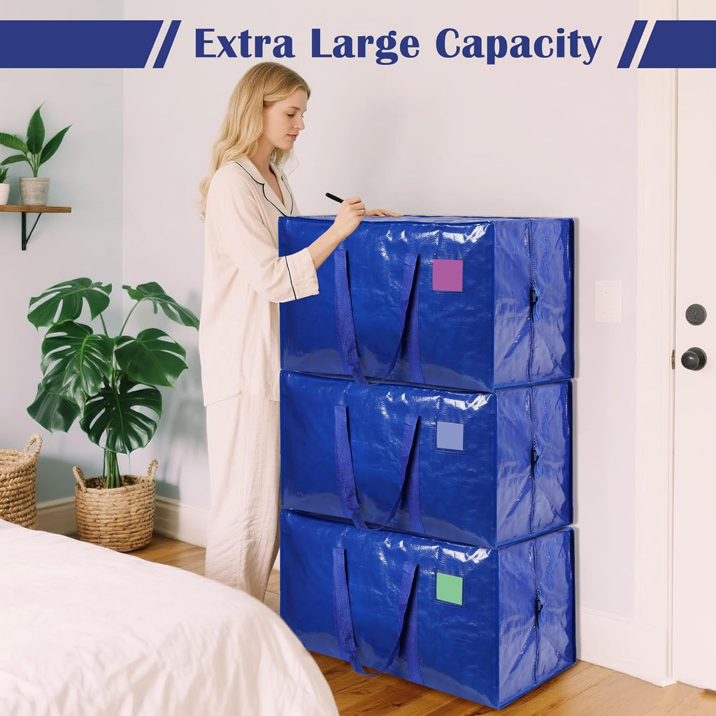 Skiennix 6 Pack Moving Bags - Extra Large 93L Heavy Duty Waterproof Storage Totes | Blue for College Dorm & Home Organization