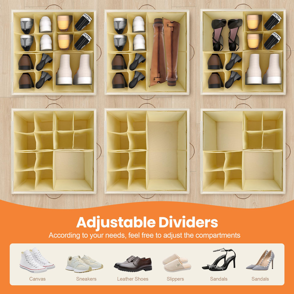 Shoe Organizer for Closet, 2 Pack Shoe Storage Organizer with Wheels and Adjustable Dividers, Stackable Shoe Storage Box with Clear Cover, Foldable Closet Shoe Organizer Fits up to 16-32 Pairs, Beige