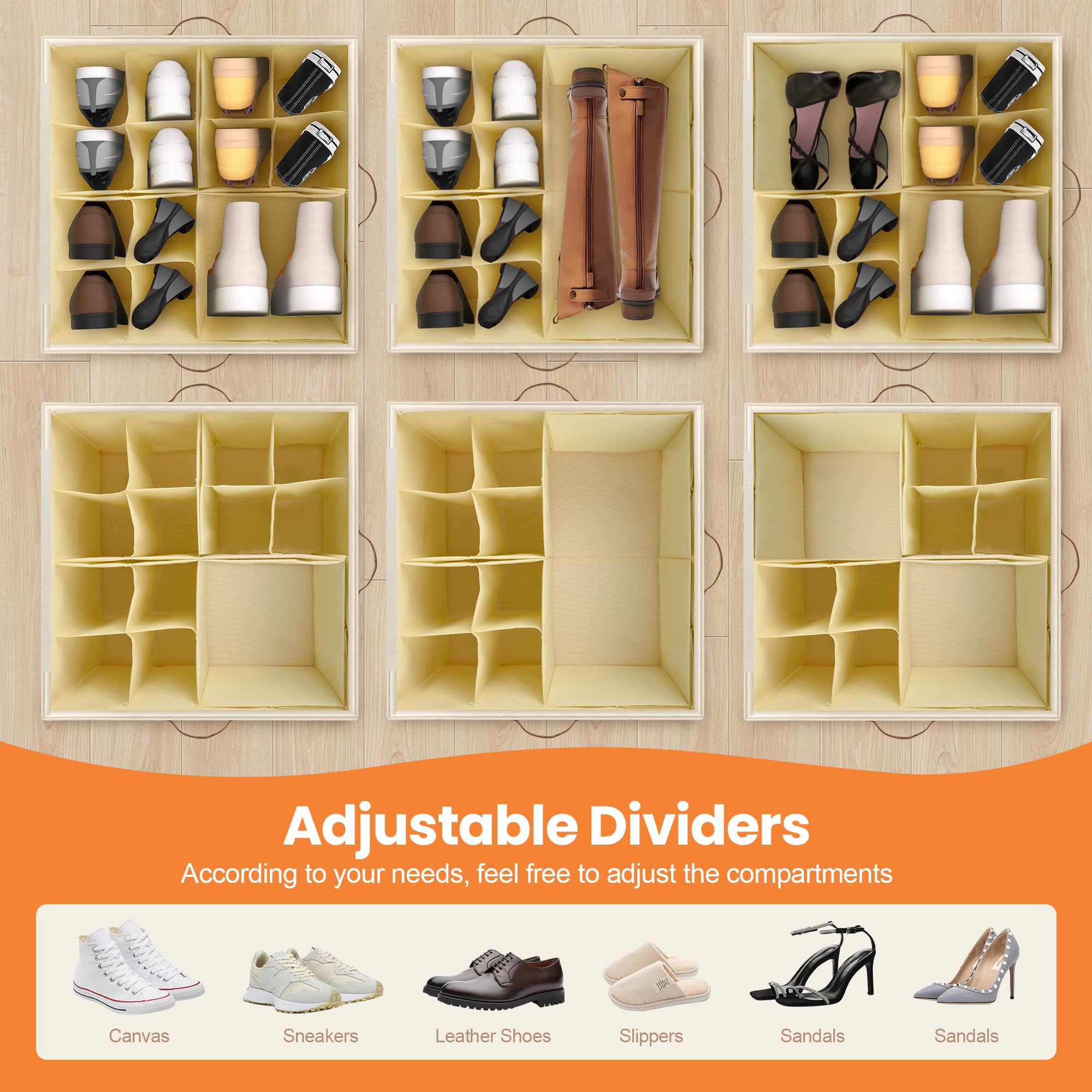 Shoe Organizer for Closet, 2 Pack Shoe Storage Organizer with Wheels and Adjustable Dividers, Stackable Shoe Storage Box with Clear Cover, Foldable Closet Shoe Organizer Fits up to 16-32 Pairs, Beige