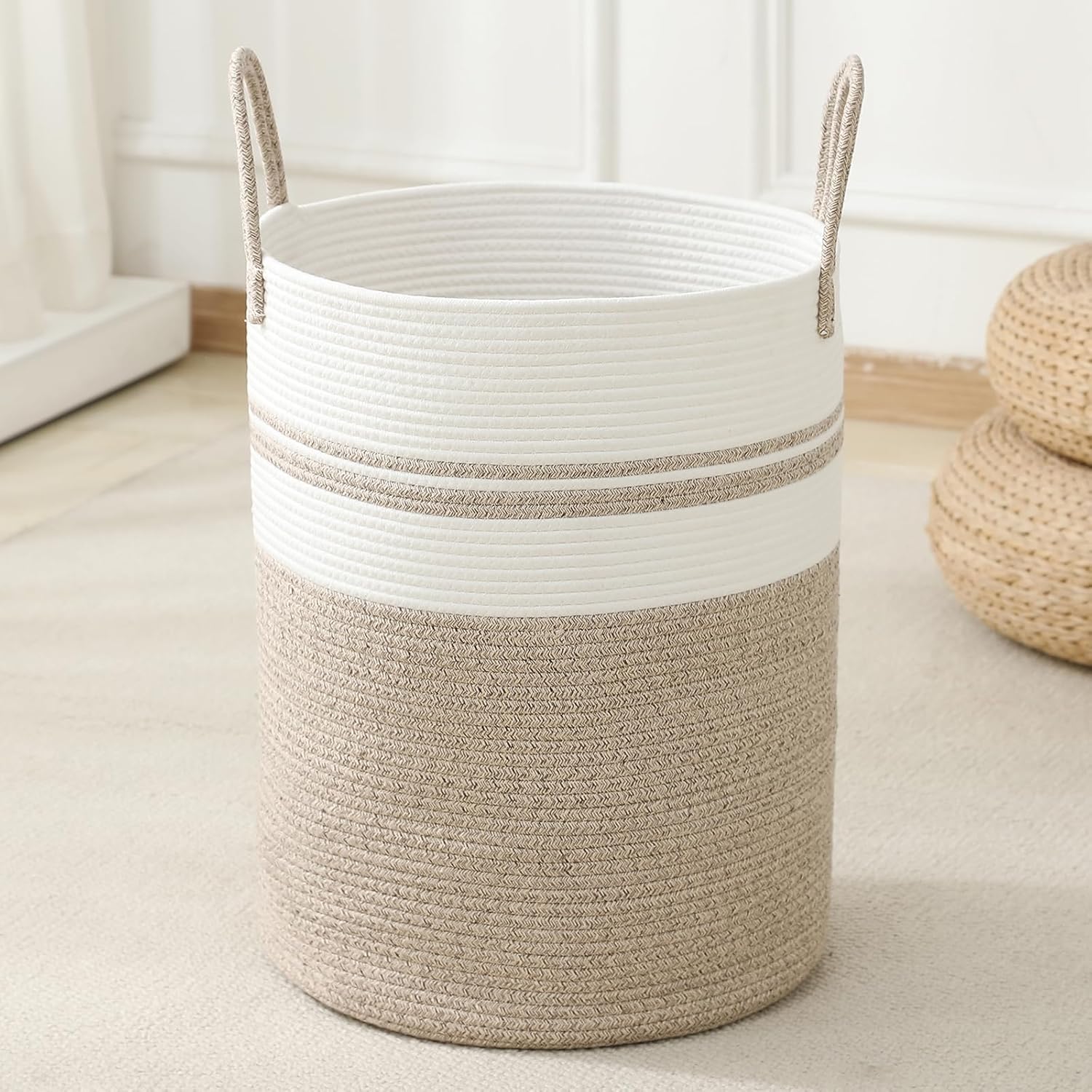 Skiennix Laundry Basket Hamper - Tall Woven Rope Storage for Blankets & Toys | 60L, Brown & White