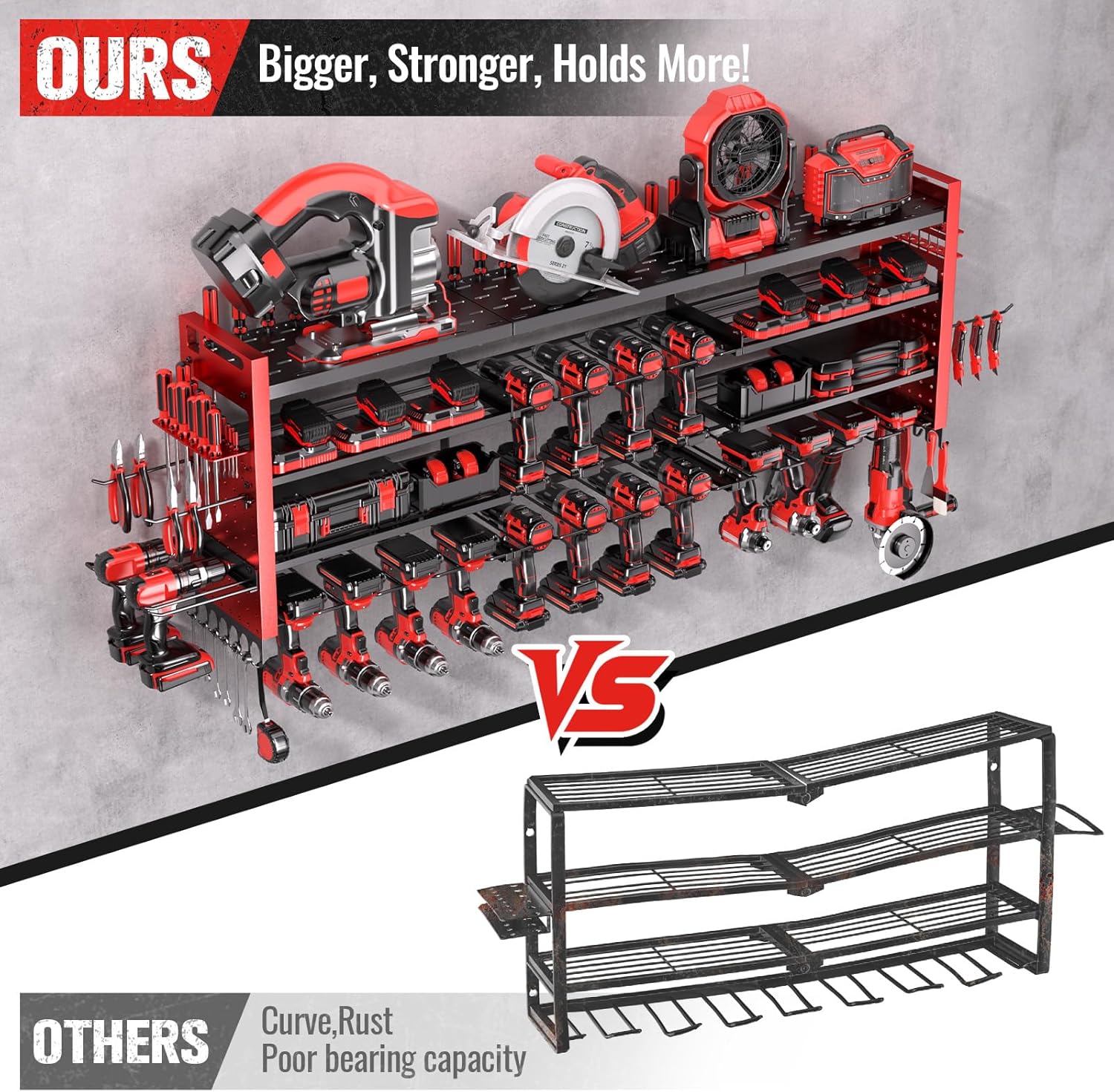 Super Large Power Tool Organizer - 4-Layer Heavy Duty Wall Mount with 18 Cordless Drill Holders | 600 lb Capacity (Red)
