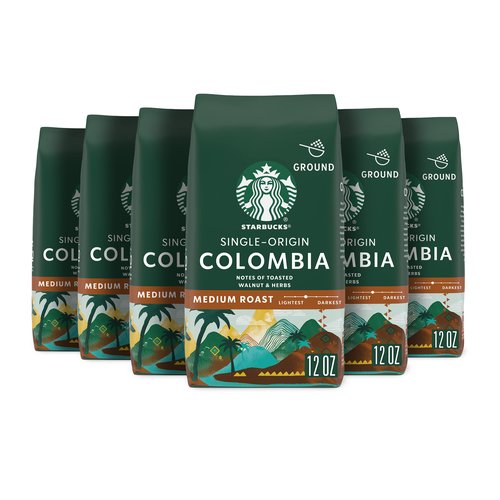 Starbucks Ground Coffee, Medium Roast Hot or Iced Coffee, Single-Origin Colombia, Six 12 oz Bags