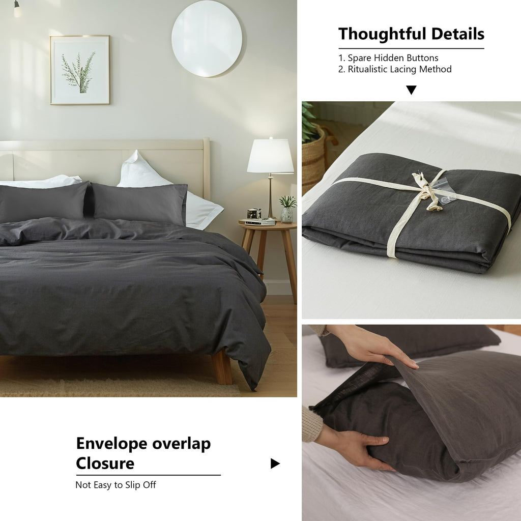 FALUCA French Linen Duvet Cover Set 3-Piece Queen (88"x92") - Soft & Comfortable Linen-Cotton Blend, Breathable Farmhouse Bedding for All Seasons& Luxury Home Decor, Dark Grey/Charcoal