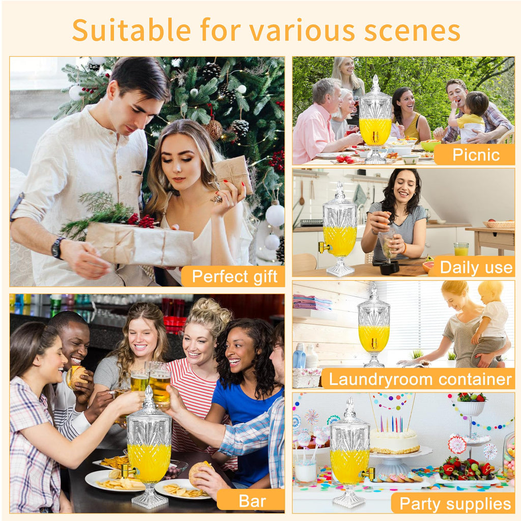 1.3 Gallon Glass Drink Dispenser, Glass Beverage Dispenser with Spigot for Party Bar Wedding, Crystal Collection Jug, Wide Mouth with Lid, Iced Beverage Dispensers (1.3gal colorful)