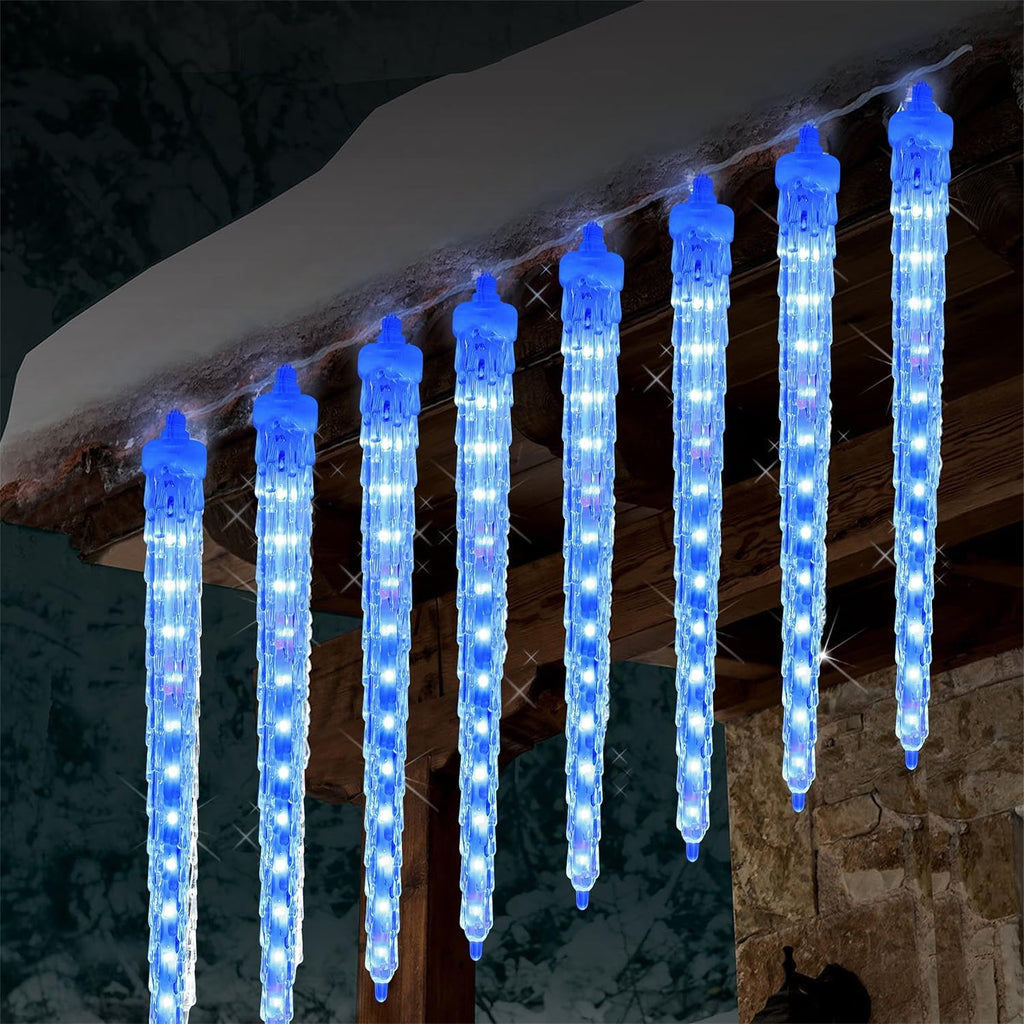 WATERGLIDE 16 Icicles Meteor Shower Lights - 12" Connectable Blue LED Christmas Decor | 384 SMD Crystal Ice Lights