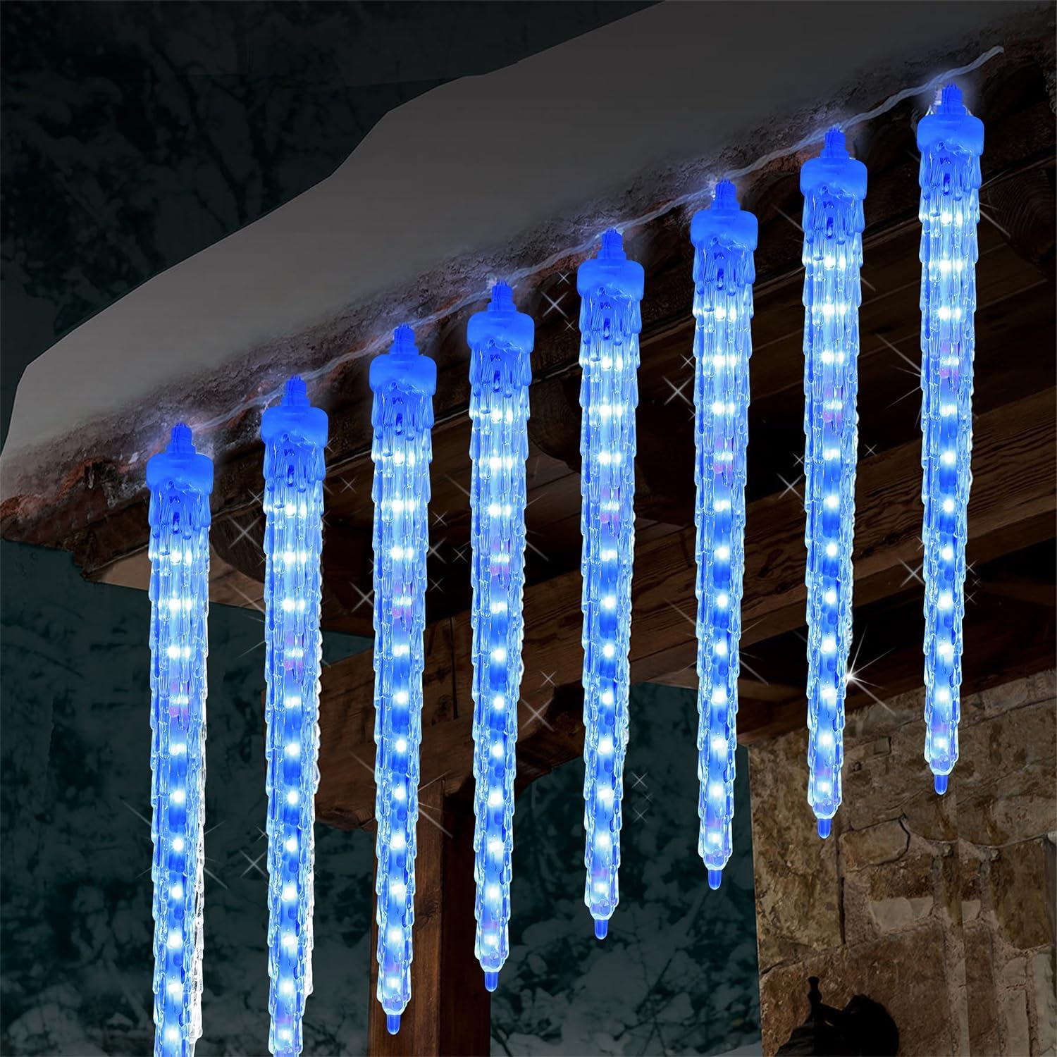 WATERGLIDE 16 Icicles Meteor Shower Lights - 12" Connectable Blue LED Christmas Decor | 384 SMD Crystal Ice Lights