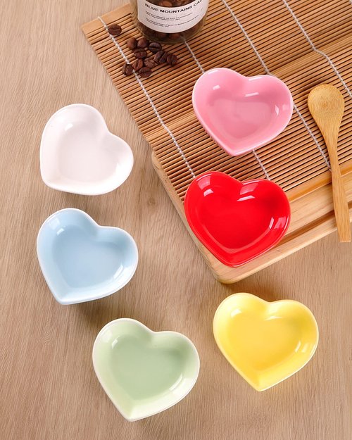 WHJY Pink Love Heart Shaped Ceramic Bowl Set of 6, Contemporary Porcelain Side Dishes, Seasoning & Soy Dipping Sauce Bowls for Wedding & Birthday Party