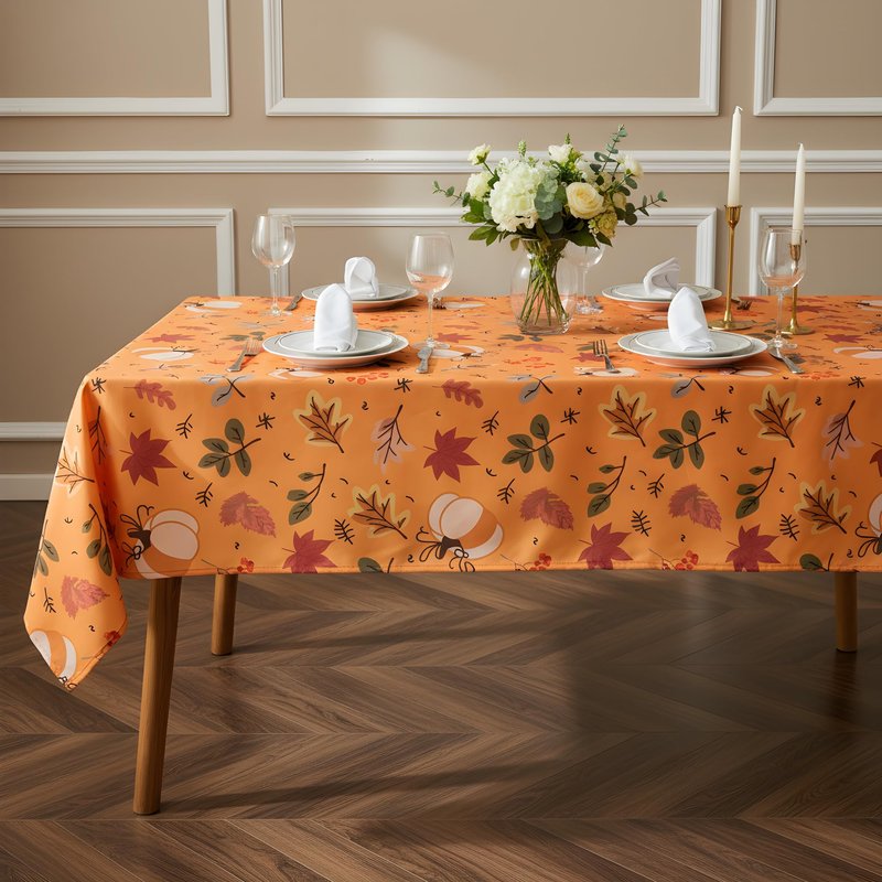 LOSIVISHE Thanksgiving Waterproof Tablecloth – Fall Harvest Pumpkins, Maple Leaves & Berries Print – Autumn Rectangle Table Cover for Dining or Party, Brown, W60 x L120 in