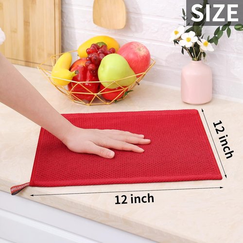 Homaxy Kitchen Dish Cloths - Ultra Soft 100% Cotton Waffle Weave, Quick Drying, 12 x 12 Inches, 6-Pack, Red