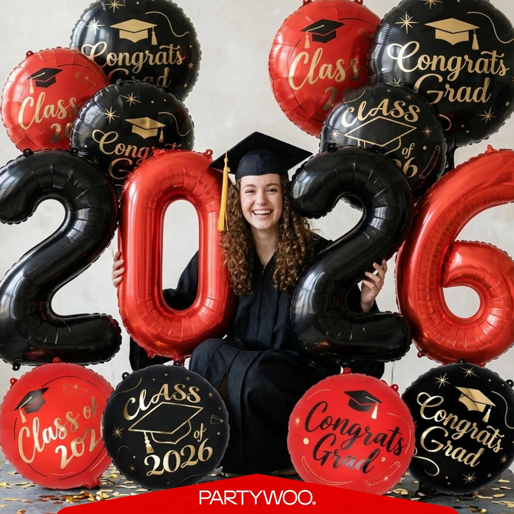 PartyWoo Graduation Balloons - Class of 2026 Foil Number & Mylar Balloons | Black, Red, Gold, 12pcs Set