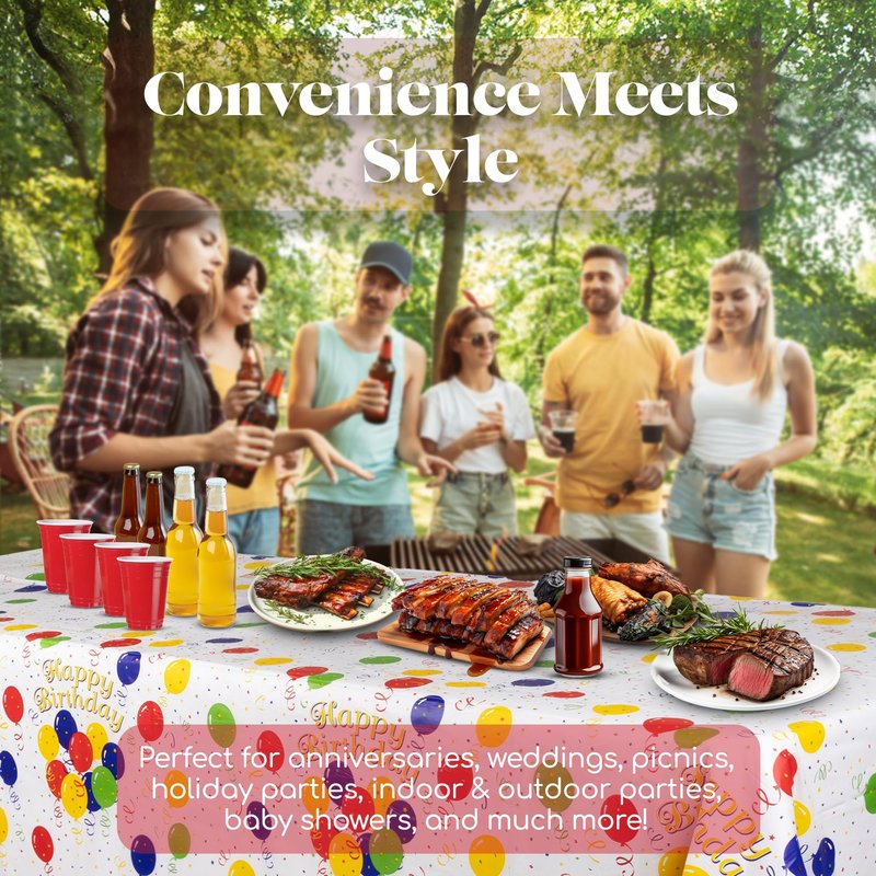 Grandipity Happy Birthday 12 Pack Premium Disposable Plastic Picnic Tablecloth 54 Inch x 108 Inch. Decorative Rectangle Table Cover