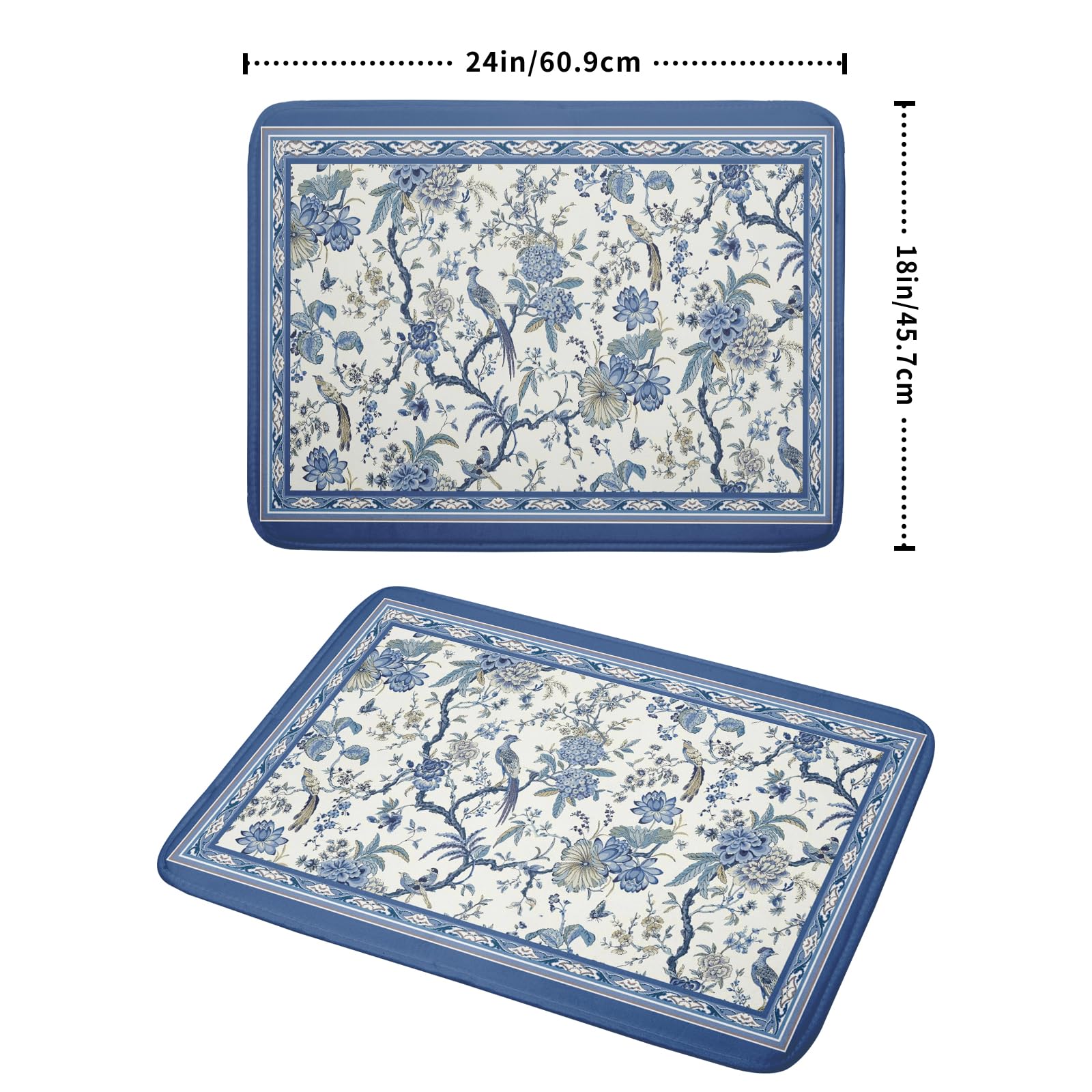 Giwawa Chinoiserie Dish Drying Mat 18x24in Blue White Oriental Floral Birds Kitchen Drainer Mats Porcelain Flowers Absorbent Microfiber Dish Drying Pad Large for Countertop Home Decor