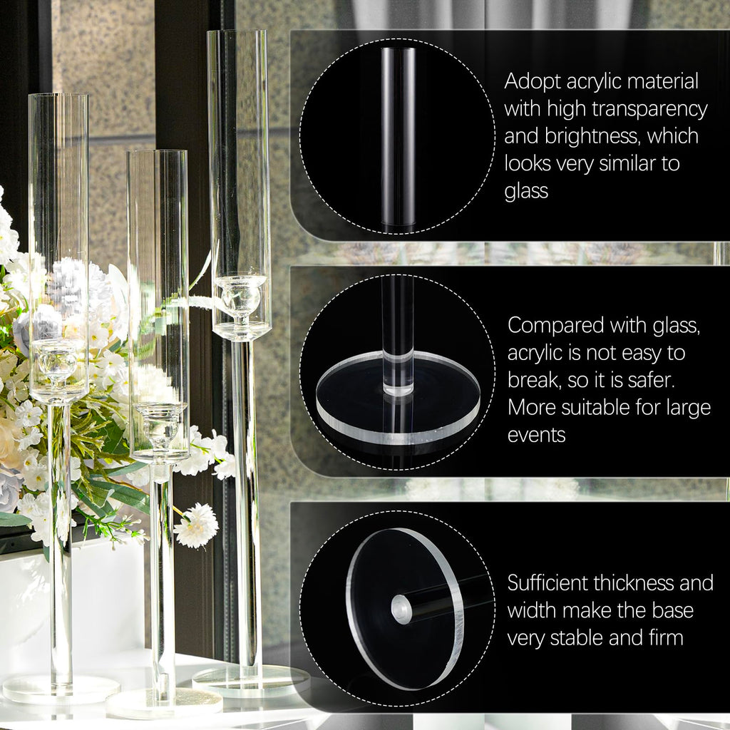 Vincidern 12pcs Taper Candle Holder Acrylic Candlestick Holder Clear Set for Table Centerpiece, Long Candle Stick Candle Stand Cylinder Shade for Wedding Party Dining Room Decor