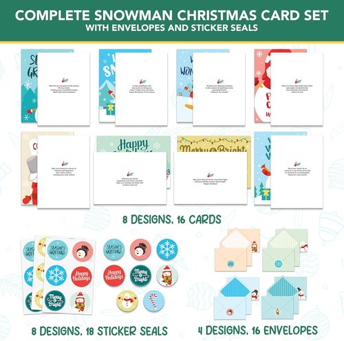 Decorably 16-Pack Snowman Christmas Cards - 5x7in Holiday Designs with Envelopes & Stickers