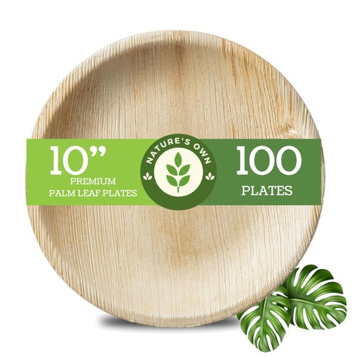 Disposable Round Plates, Compostable & Biodegradable Palm Leaf Plates, Microwave Oven Safe, Eco-friendly, Plates for Parties & Weddings, 10 Inch, 100 Plates
