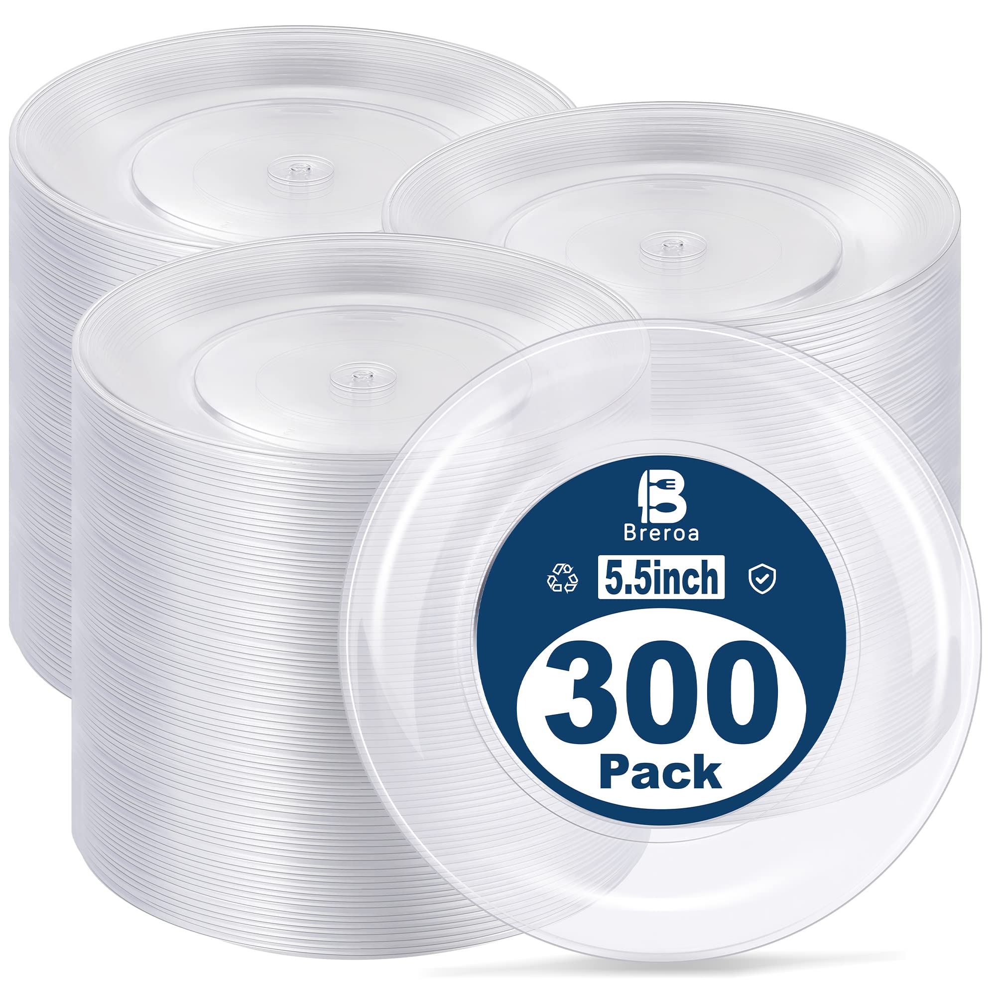 Breroa 300 Pieces Plastic Plate 5.5 Inch Small Round Heavy Duty Disposable Appetizer Plate Clear Cake Plates Dessert Plates for Wedding BBQ Picnic Camping Events Party Supplies ﻿