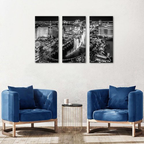 Las Vegas Skyline Wall Art - Black and White Cityscape Canvas Prints | 16x32 Inches, 3-Piece Set for Office & Home Decor