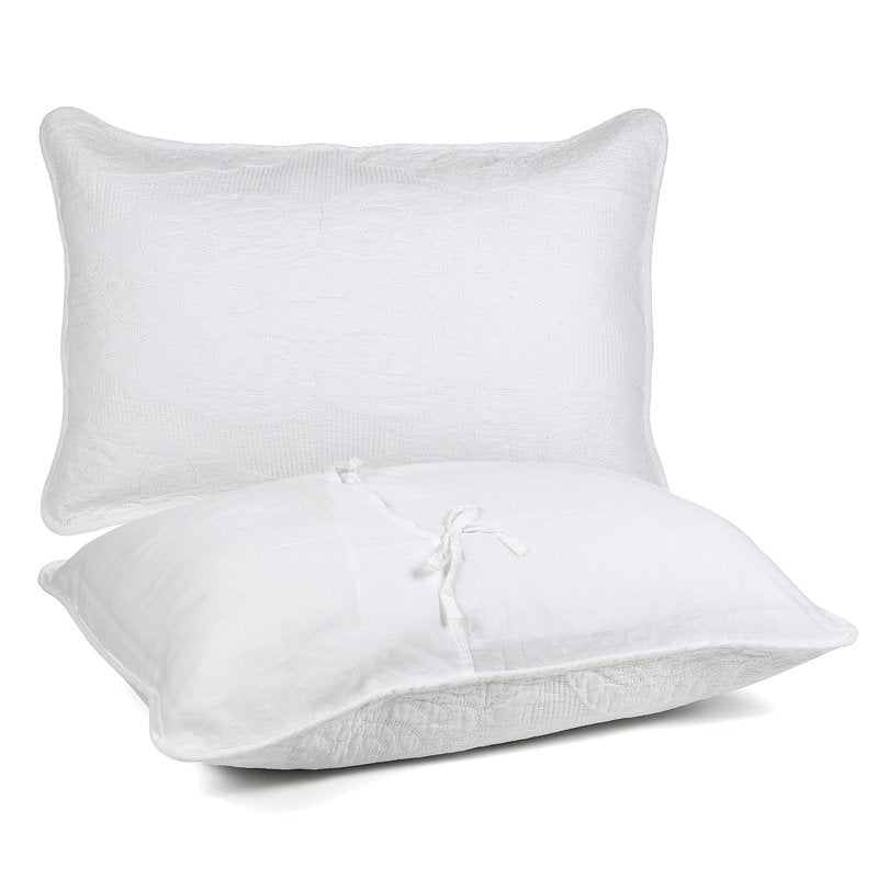 D DODOU Cotton Quilted Pillow Shams Queen Size Set of 2, Floral Decorative Pillow Covers, White Pillow Case with Tie Closure.20 x 27 inch