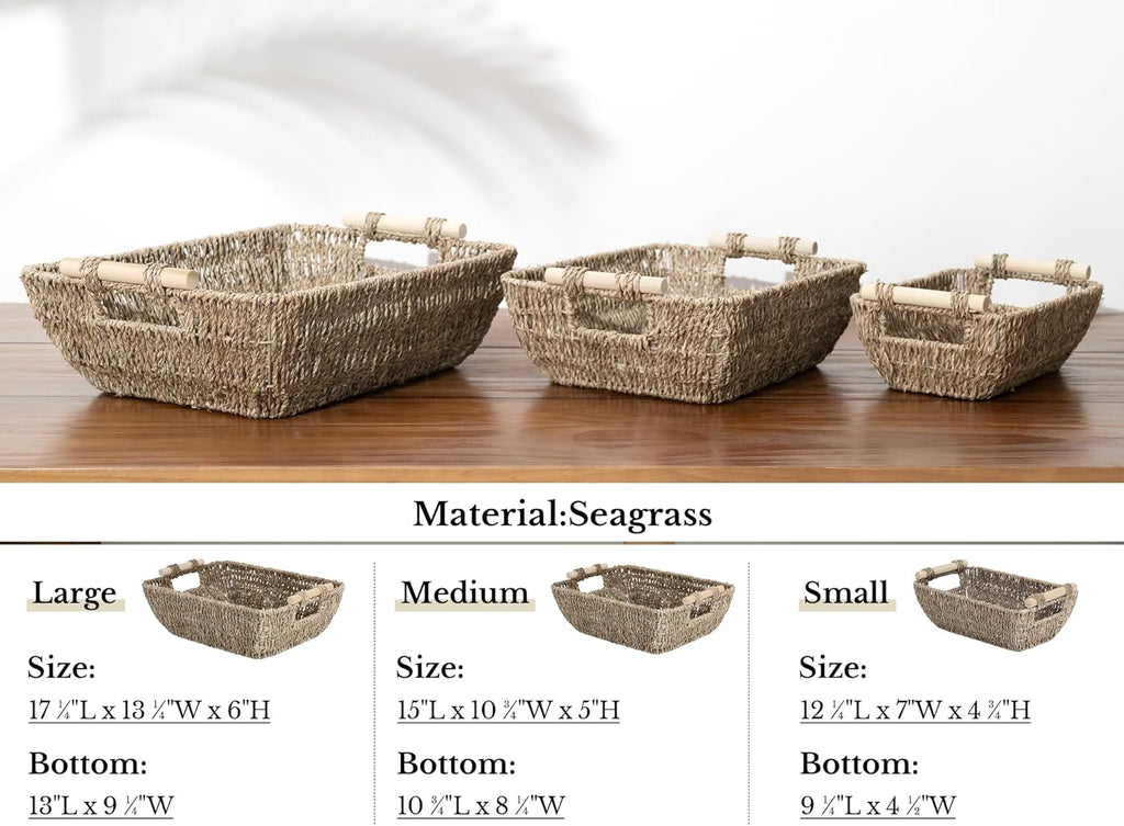 StorageWorks Seagrass Woven Baskets - Small Shelf Storage with Wooden Handles | 2-Pack