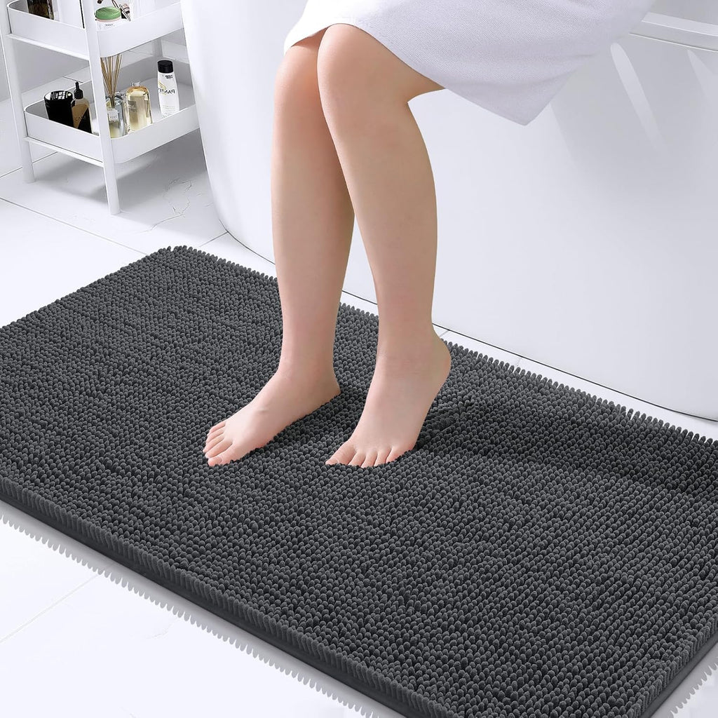 OLANLY Large Bathroom Rugs - Extra Soft Chenille Bath Mats with Rubber Backing | Quick Dry, Machine Washable, Dark Grey 45x27