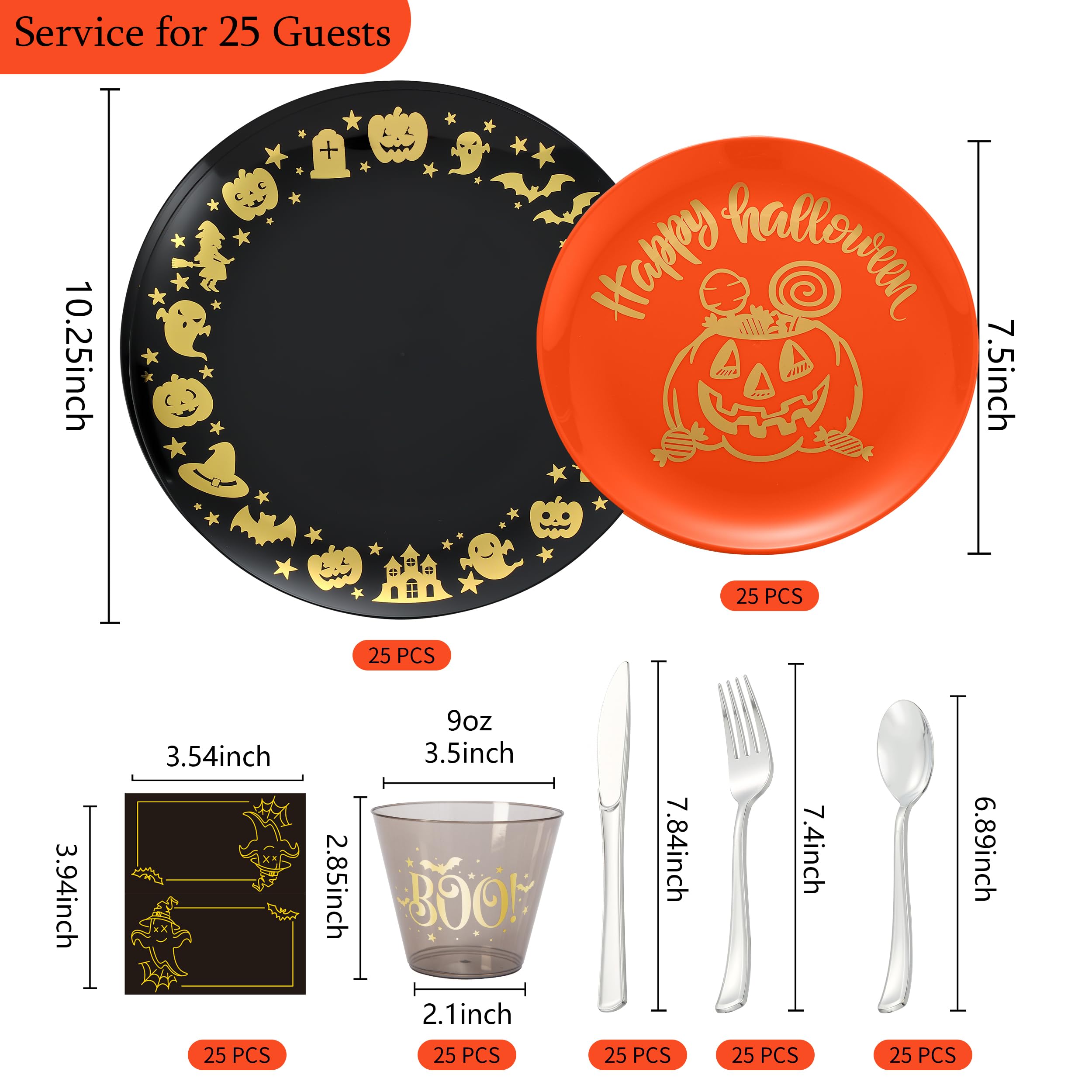 ISFANGCO 175Pcs Halloween Plastic Spoof Dinnerware Set for 25 Guests, 25 Black Plastic Dinner Plates, 25 Pumpkin Orange Dessert Plates, 25 Gold Boo Black Cups, 25 Gold Silverware Set and Cards
