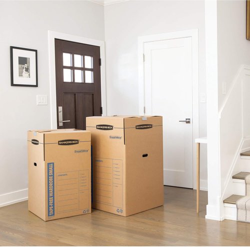 Bankers Box Tall Wardrobe Box - Tape-Free Design, 3 Pack, 24" x 24" x 40" for Easy Storage