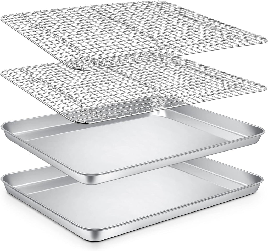 P&P CHEF 16-Inch Baking Sheet and Rack Set - Stainless Steel Cookie Sheets with Cooling Racks | Oven & Dishwasher Safe (4 Pcs)