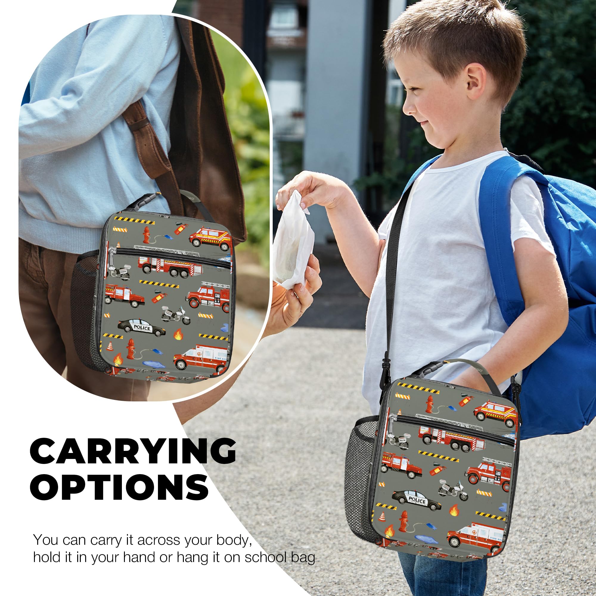 Clastyle Car Insulated Kids Lunch Bag Truck Large Thermal Cooler Bag for Boy Picnic School Lunch Box Tote,Fire Engine