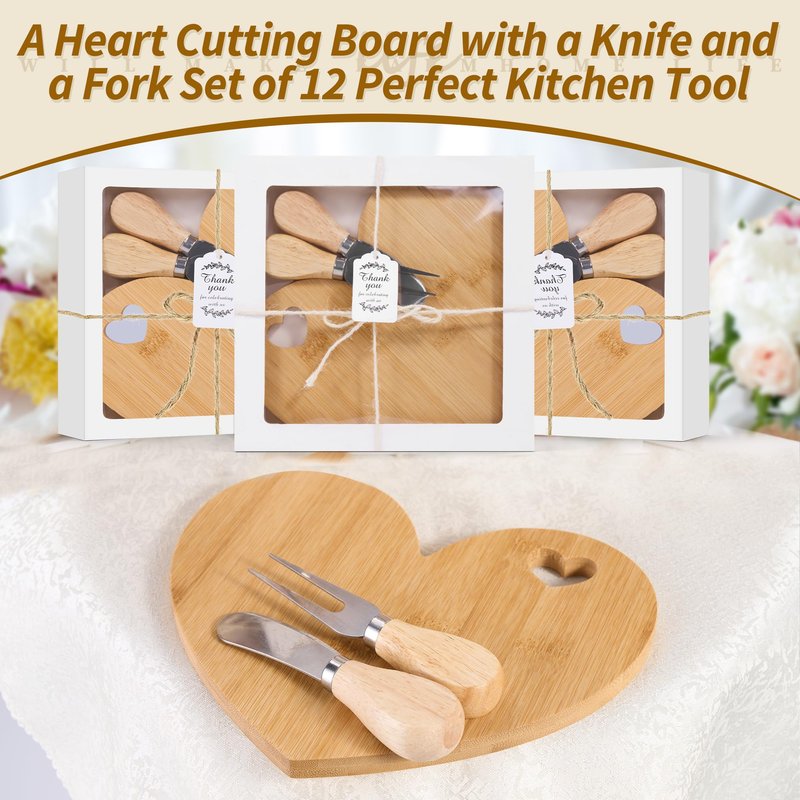 Defined Deco 12 Set Heart Cheese Board Cheese Knives Wood Mini Charcuterie Board,8.3x7 Inch Mini Charcuterie Boards with Knives,for Guest Bridal Baby Shower Prize Wedding Birthday Valentines Day