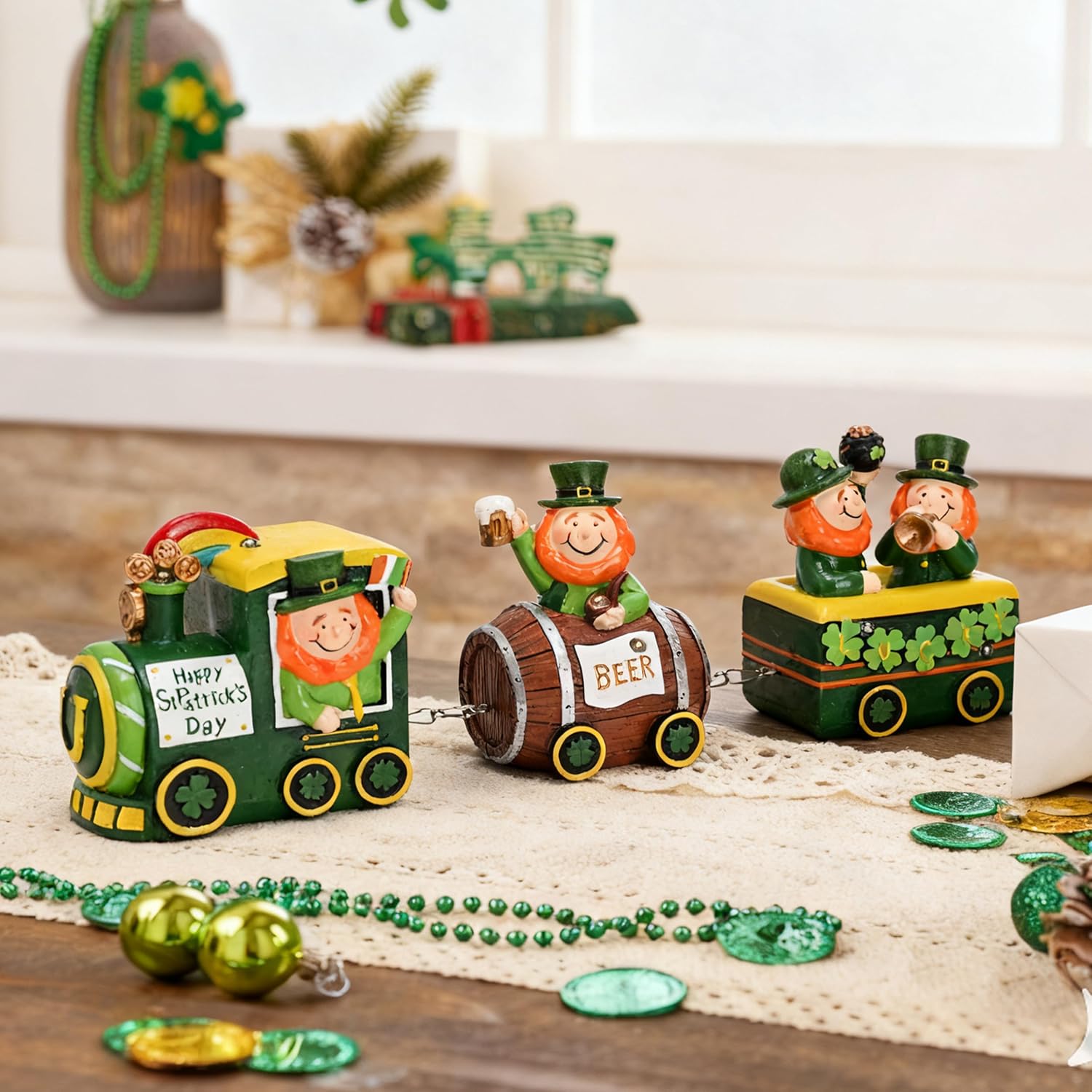 Valery Madelyn St. Patrick's Day Decorations - Lighted LED Leprechaun Train with Shamrock & Pot of Gold | Festive Table Centerpiece