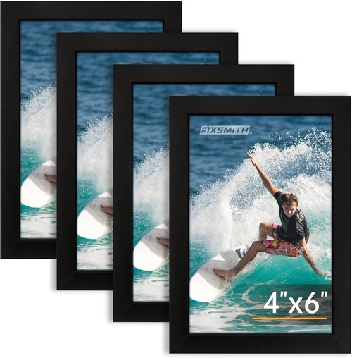 FIXSMITH 4x6 Picture Frame Set of 4 - HD Plexiglass for Wall Hanging & Tabletop Display - Black