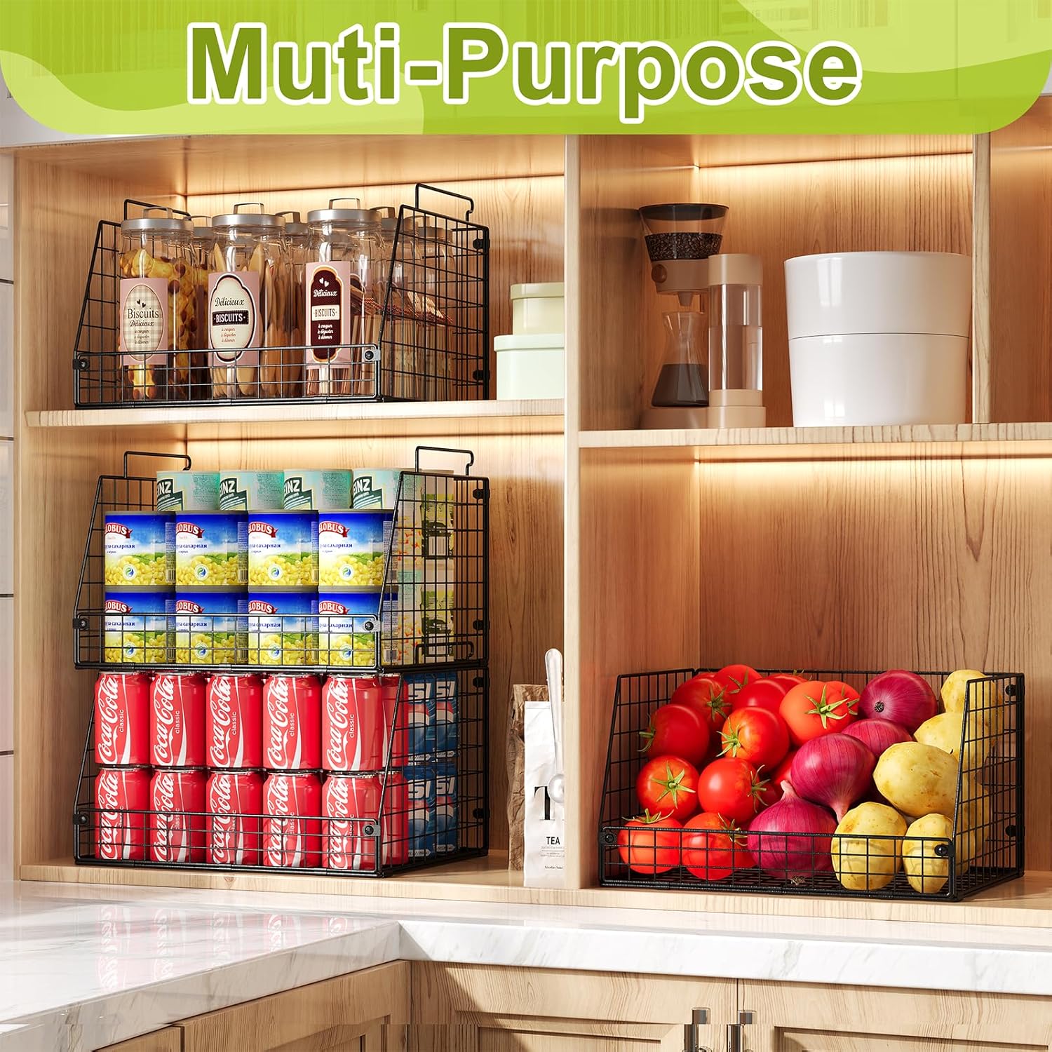 XXL Stackable Wire Storage Baskets by [Brand Name] - Extra Large Pantry Organizer for Fruits, Vegetables & Snacks