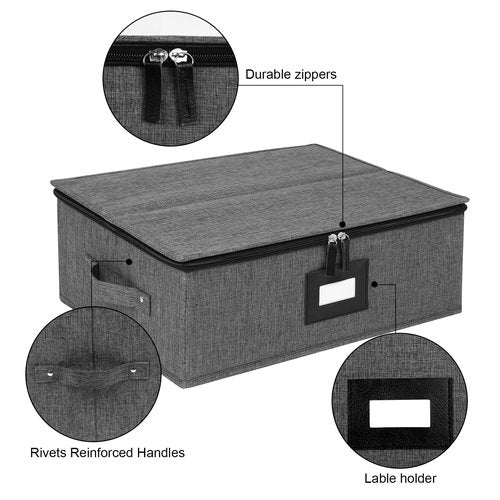 Mug Storage Box with Dividers, China Storage Containers for Tea Cups and Coffee Mugs with Zipper Lid and Rivet Reinforced Handles, Hard Shell and Stackable (Black)