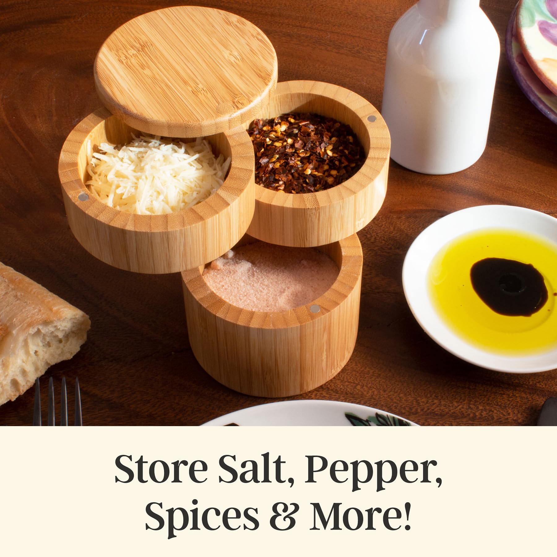 Totally Bamboo Triple Salt Cellar – 3 Tier Bamboo Salt and Pepper Storage Box with Magnetic Swivel Lids, Seasoning Holder for Salt, Herbs, and Spices, 1⅓ Cup Capacity