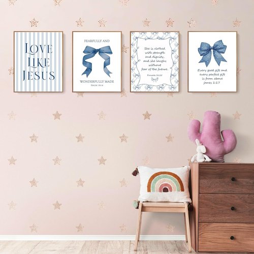 LARTSFRO Coquette Wall Art - Navy Blue Bow Decor with Inspirational Bible Verses | Set of 4 Unframed 10x8 Inch Pictures for Teen Girls' Rooms