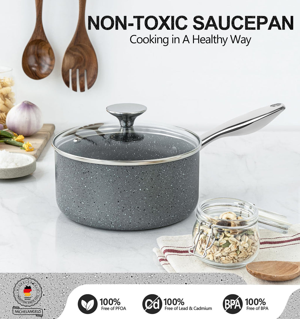 MICHELANGELO Sauce Pan with Lid, 1 Quart Saucepan with Lid Granite, Non Stick Sauce Pan with Stainless Steel Handle, 1 Qt Saucepan with Nonstick Coating, Grey