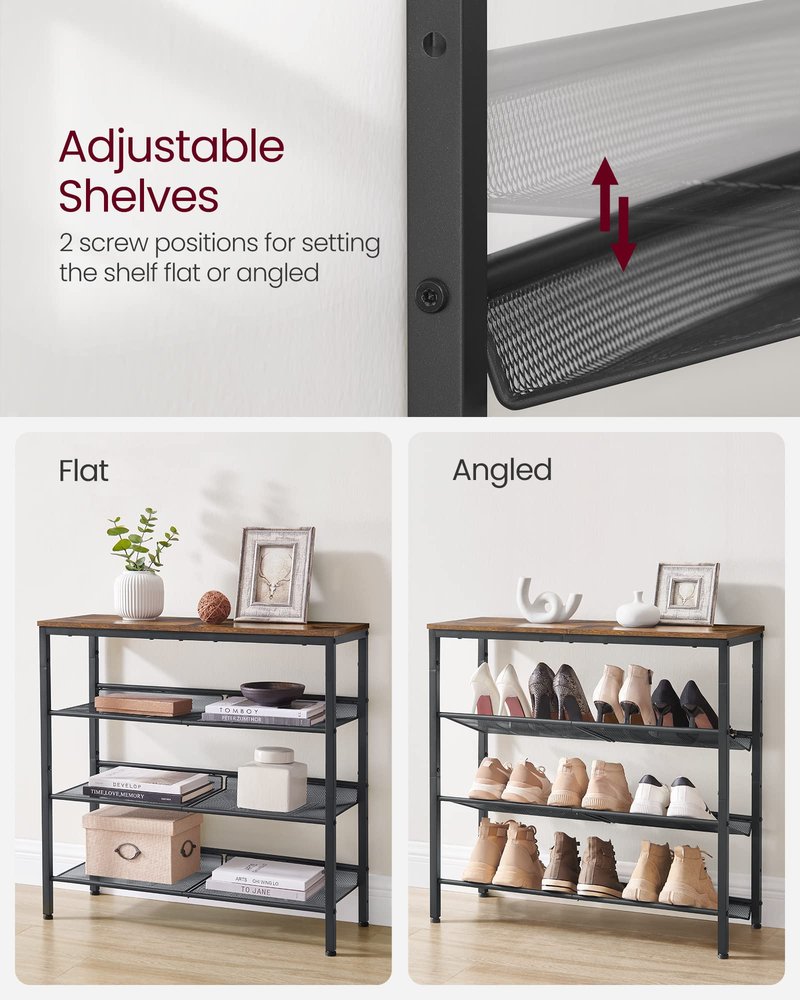 VASAGLE Shoe Rack for Entryway, 4-Tier Shoe Rack Organizer with Storage Shelves and Spacious Top, Freestanding, Adjustable, Industrial, Rustic Brown and Ink Black ULBS040B01