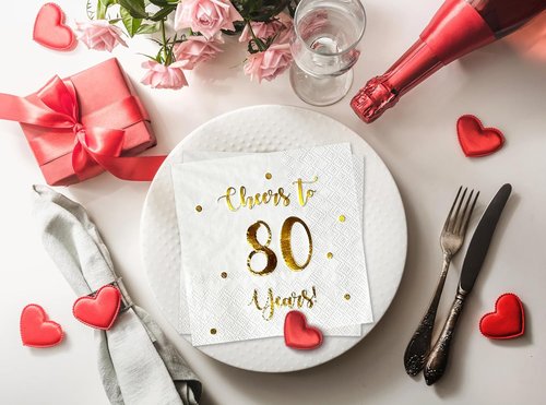Cheers to 80 Years Cocktail Napkins - 50-Pack 3-Ply White Napkins for 80th Birthday & Anniversary Celebrations | 5 x 5 Inch
