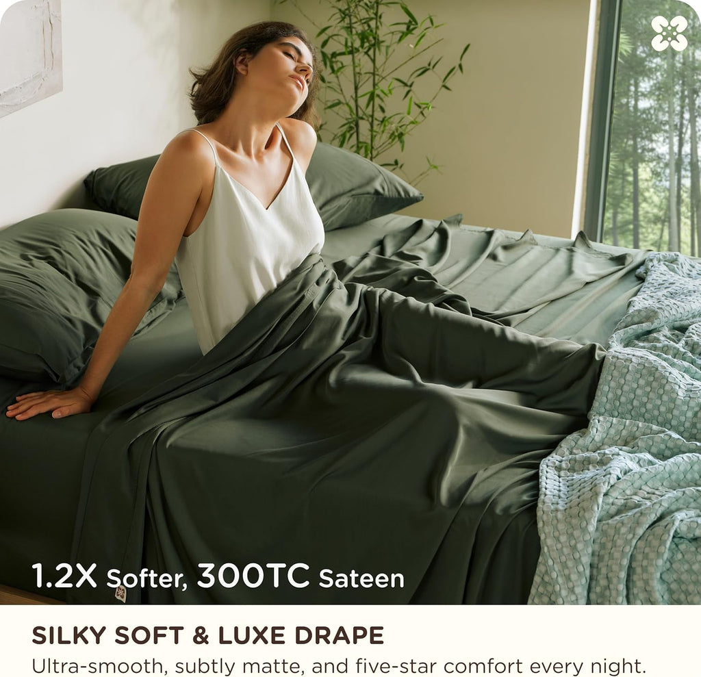 Bedsure Bamboo Viscose Queen Sheet Set - Cooling Luxury Bedsheets for Hot Sleepers | 18" Deep Pocket | Oeko-Tex Certified [Olive Green]