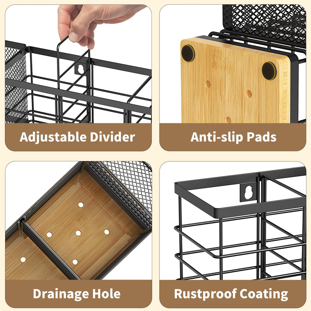 BEGULF Large Utensil Holder for Kitchen Counter, Wall Mounted Silverware Caddy with 5 Compartments, Metal Utensil Caddy with 2 Small Removable Basket and Wooden Base